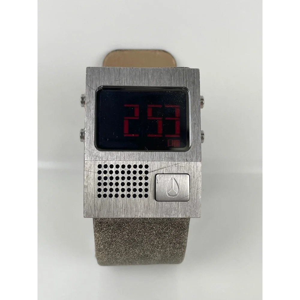 VTG Nixon The Dork Talking Digital Watch Stainless Steel Brown Leather Strap Y2K